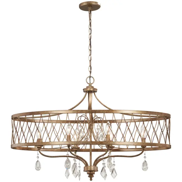 The West Liberty brings timeless elegance to kitchen islands and dining spaces with its Olympus Gold finish and sparkling crystal details. Six candelabra lights provide ample illumination while the linear design complements rectangular surfaces beautifully.