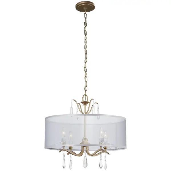 The Laurel Estate pendant combines timeless elegance with modern versatility. Its Brio Gold finish and crystal accents create sophisticated sparkle, while translucent sheer fabric shades provide warm, diffused light perfect for dining and entertaining spaces. - alternate view