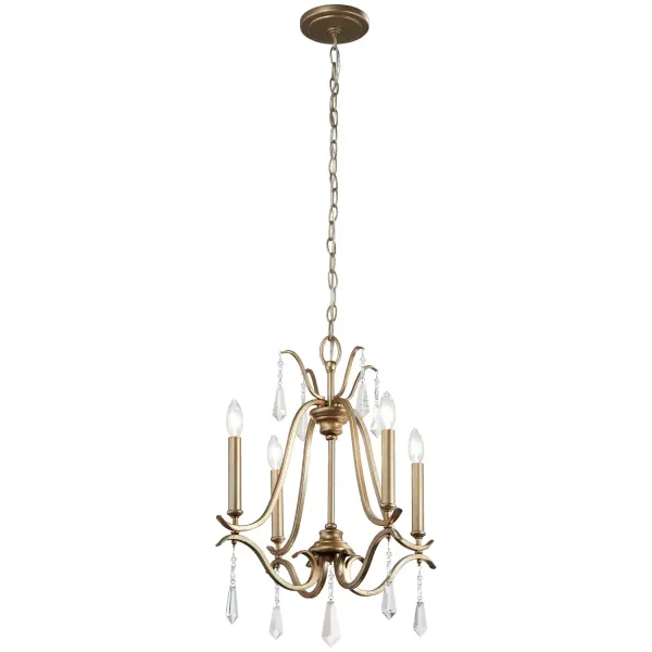 The Laurel Estate mini chandelier combines transitional elegance with practical scale. Its 18-inch width and Brio Gold finish with crystal and glass details create sophisticated ambiance in compact spaces without overwhelming the room.