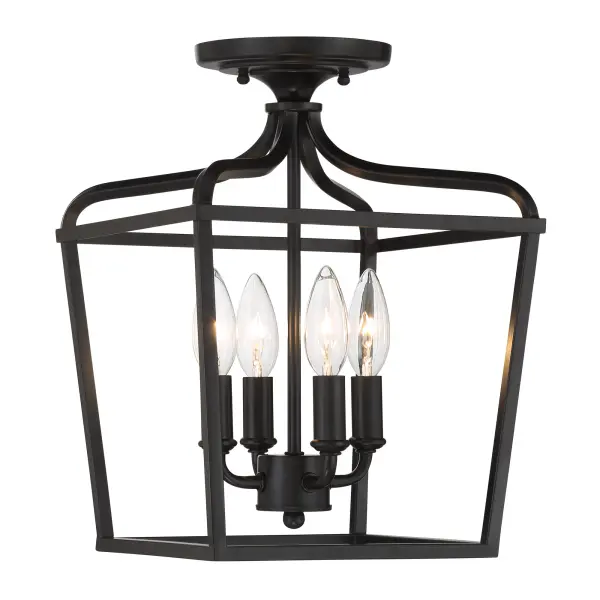 The Laurel Estate semi-flush mount brings traditional elegance to foyers and hallways with its coal black finish and compact 10-inch profile. Four candelabra bulbs provide ample illumination while the low-profile design suits standard ceiling heights.