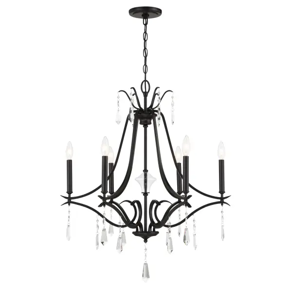 The Laurel Estate chandelier combines timeless traditional design with a bold coal black finish. Featuring six candelabra lights, steel construction, and crystal accents, it creates sophisticated ambiance in dining rooms and entryways.