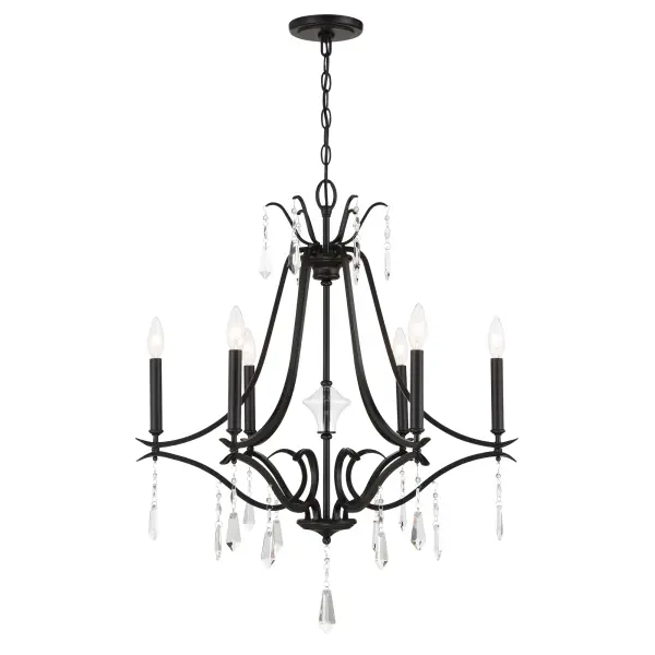 The Laurel Estate chandelier combines timeless traditional design with a bold coal black finish. Featuring six candelabra lights, steel construction, and crystal accents, it creates sophisticated ambiance in dining rooms and entryways. - alternate view