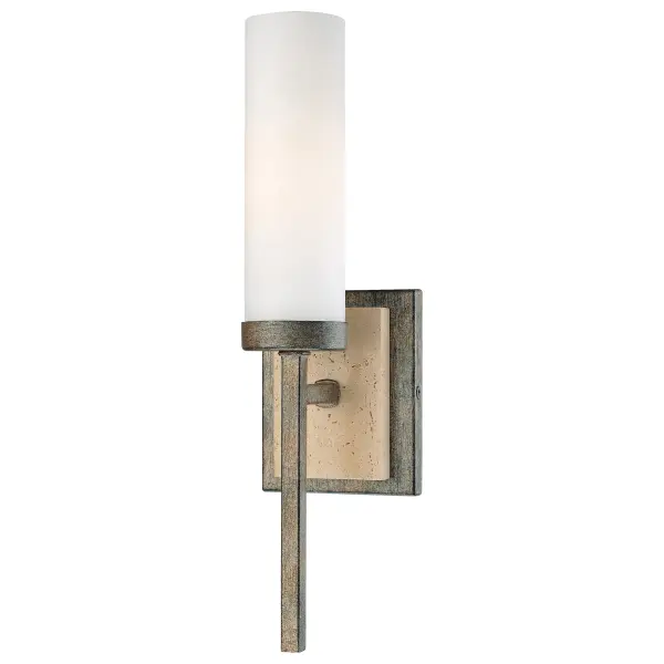 This ADA-compliant wall sconce combines aged patina iron with natural travertine stone and etched opal glass for a sophisticated traditional look. Its compact 15.25" height makes it ideal for bathrooms and hallways.