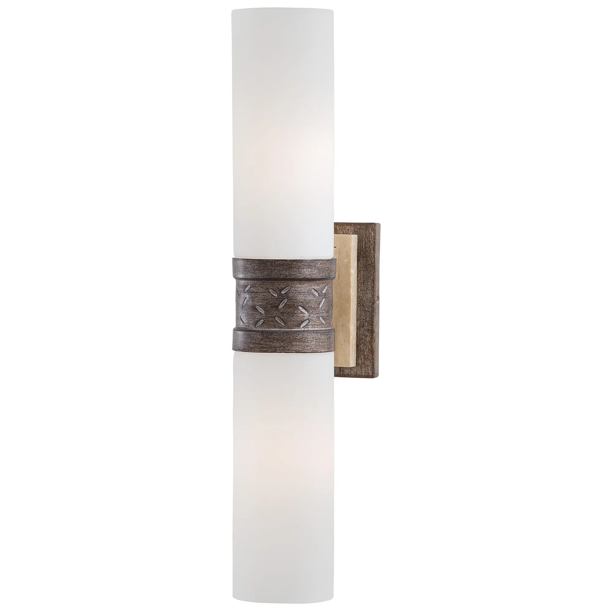 Compositions 2-Light Wall Sconce in Aged Patina Iron with Travertine Stone