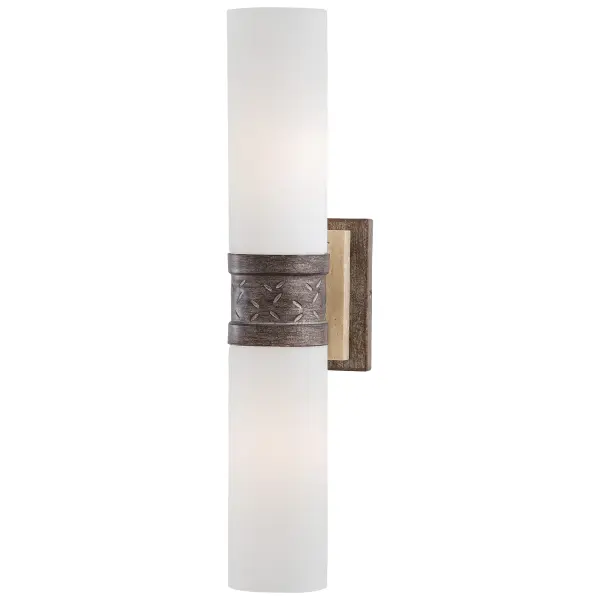 This refined 2-light wall sconce combines aged patina iron with natural travertine stone and etched opal glass for a sophisticated traditional aesthetic. Compact at 18.5" tall, it provides warm ambient lighting ideal for bathrooms, hallways, and intimate spaces.