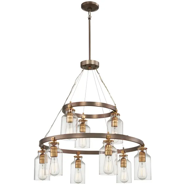 The Morrow chandelier brings traditional elegance with its Harvard Court Bronze finish enhanced by gold highlights. Nine lights provide ample illumination while glass shades soften the glow. Perfect for formal dining rooms and entryways.