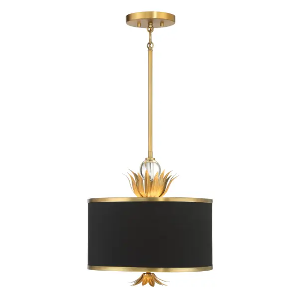 The Caprio pendant combines warm brushed brass with a refined fabric shade and crystal details, creating an upscale yet approachable fixture. Its compact 14.6-inch width makes it versatile for smaller dining areas and kitchen islands. - alternate view