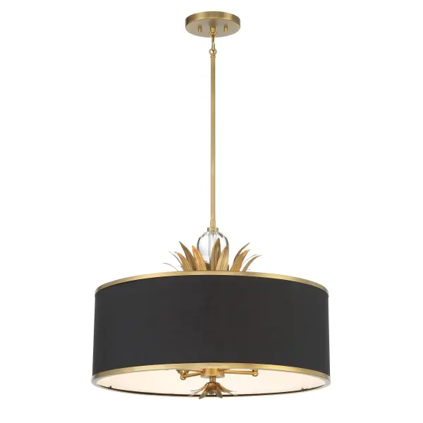 The Caprio pendant combines brushed brass metalwork with soft fabric shades and crystal accents, creating a refined focal point. Its 24-inch width and 4-light configuration provide ample illumination while maintaining an elegant profile.