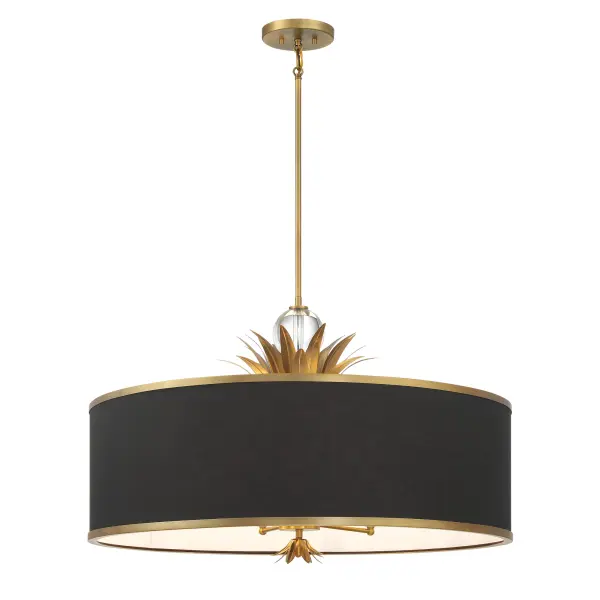The Caprio pendant combines natural brushed brass with fabric shades and crystal accents for a refined look. Its 32-inch width makes it perfect for larger dining rooms and kitchen islands, offering both ambient and decorative lighting.