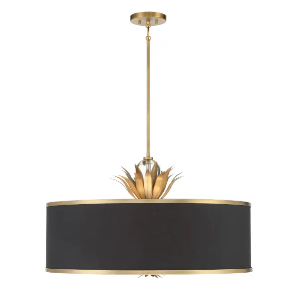 The Caprio pendant combines natural brushed brass with fabric shades and crystal accents for a refined look. Its 32-inch width makes it perfect for larger dining rooms and kitchen islands, offering both ambient and decorative lighting. - alternate view