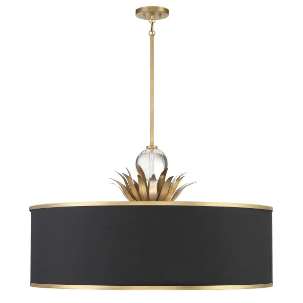The Caprio pendant combines contemporary sophistication with warm brass tones and soft fabric shades. Its generous 40-inch width and 8-light configuration create dramatic illumination perfect for large dining spaces and grand entryways.