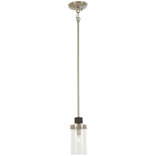 The Bridlewood mini pendant combines stone grey and brushed nickel finishes with clear seeded glass for a versatile transitional look. Its compact 4-inch width makes it perfect for smaller spaces or grouped installations.
