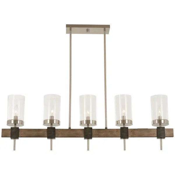 The Bridlewood 5-Light Island Chandelier combines stone grey and brushed nickel finishes with clear seeded glass for a sophisticated transitional look. Its 40-inch linear design provides excellent task lighting over kitchen islands.