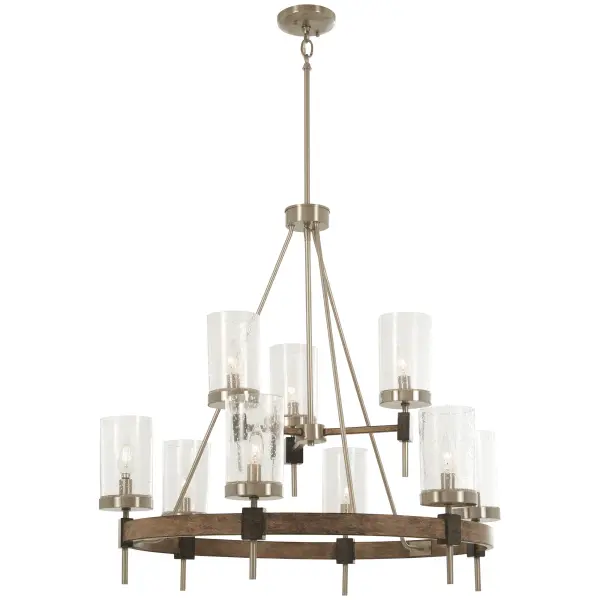 The Bridlewood chandelier combines rustic stone grey tones with polished brushed nickel accents, creating a sophisticated transitional piece. Nine candelabra lights with seeded glass shades provide warm, ambient illumination perfect for dining and entertaining spaces.