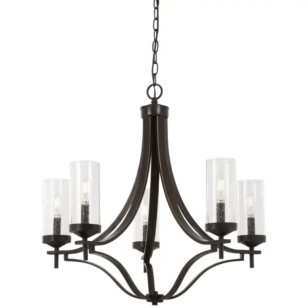 The Elyton 5-Light Chandelier blends traditional elegance with transitional styling through its Downtown Bronze finish accented with gold highlights. Clear seeded glass shades add vintage charm while the 26-inch width makes it perfect for medium-sized dining rooms and foyers. - alternate view