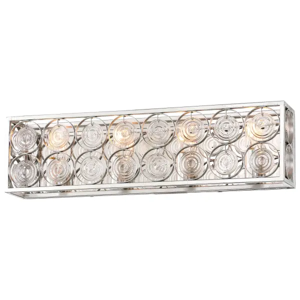 The Culture Chic 4-Light Bath fixture combines sophisticated Catalina Silver finish with distinctive ripple glass shades and reflective backplate. At 24.75" wide, it provides ample illumination for medium to large vanities while adding coastal-inspired elegance to any bathroom.