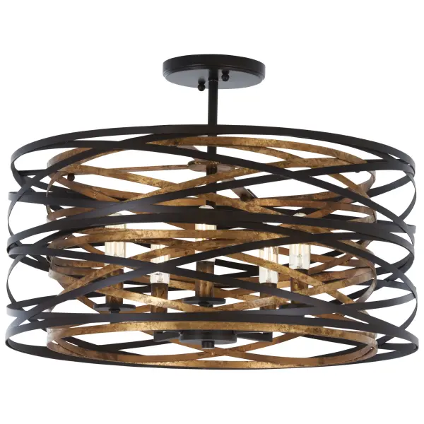 The Vortic Flow combines contemporary styling with practical versatility. Its dark bronze exterior with mosaic gold interior creates visual warmth, while the convertible design adapts from semi-flush to pendant mounting for flexible installation.