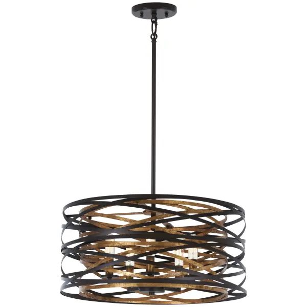 The Vortic Flow combines contemporary styling with practical versatility. Its dark bronze exterior with mosaic gold interior creates visual warmth, while the convertible design adapts from semi-flush to pendant mounting for flexible installation. - alternate view