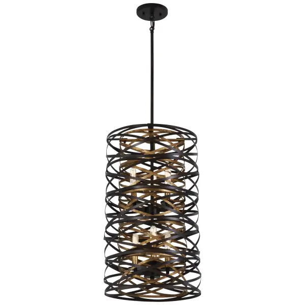 The Vortic Flow pendant combines modern sophistication with warm metallic contrast. Its dark bronze exterior and mosaic gold interior create dramatic lighting effects, while the compact 14-inch width makes it versatile for various spaces.