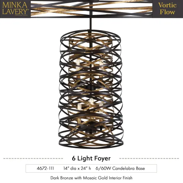 The Vortic Flow pendant combines modern sophistication with warm metallic contrast. Its dark bronze exterior and mosaic gold interior create dramatic lighting effects, while the compact 14-inch width makes it versatile for various spaces. - alternate view