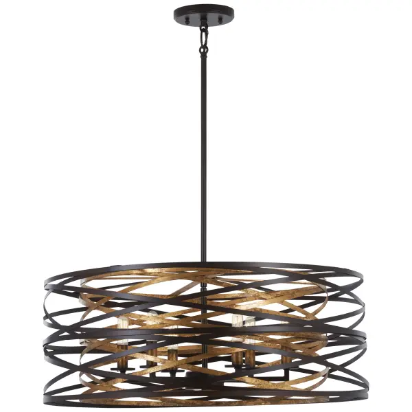 The Vortic Flow brings modern sophistication with its dark bronze exterior and unexpected mosaic gold interior. Six candelabra lights provide ample illumination while the 26-inch width makes a bold statement without overwhelming.