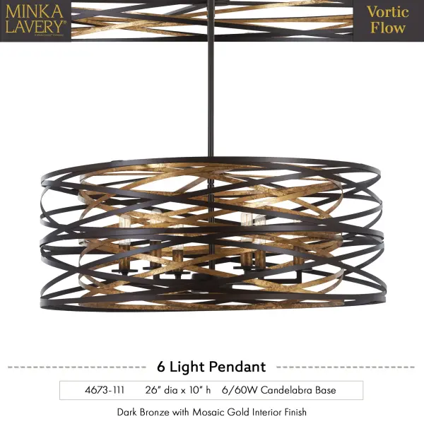 The Vortic Flow brings modern sophistication with its dark bronze exterior and unexpected mosaic gold interior. Six candelabra lights provide ample illumination while the 26-inch width makes a bold statement without overwhelming. - alternate view