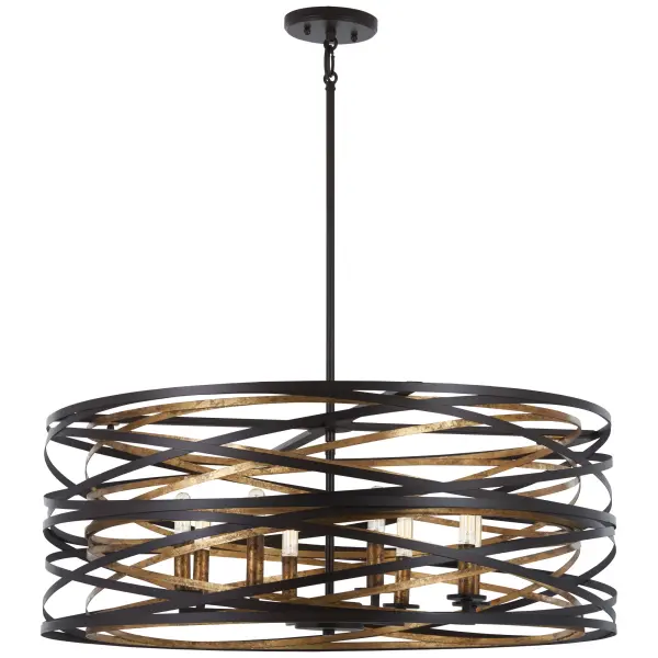 The Vortic Flow 8-Light Pendant makes a striking architectural statement with its 30-inch span and distinctive dark bronze exterior paired with a luminous mosaic gold interior that creates warm, ambient reflections.