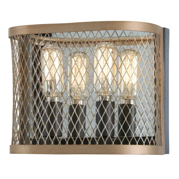 The Marsden Commons 2-Light Bath Vanity combines smoked iron with aged gold accents for sophisticated bathroom illumination. Its compact 8.25" width fits smaller vanities while the reflective backplate enhances light output.
