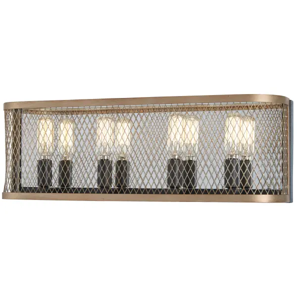 The Marsden Commons 4-Light Bath combines smoked iron and aged gold finishes with reflective glass backplates for a refined transitional aesthetic. Perfect for medium-sized bathrooms seeking elevated style.