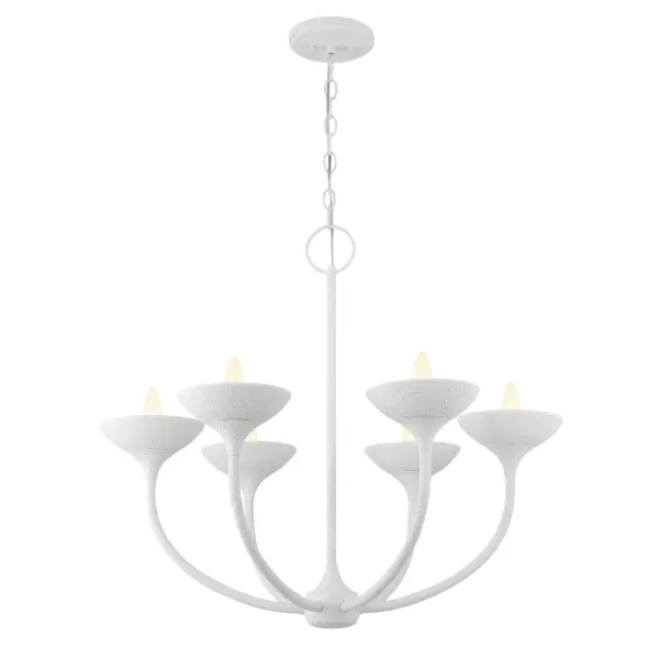 The Ryton 6-Light Chandelier brings contemporary sophistication with its plaster white finish and steel construction. Perfect for modern dining spaces, this medium-sized fixture offers dimmable lighting and clean aesthetic appeal.
