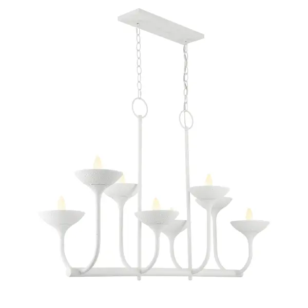 The Ryton 8-Light Island Chandelier combines clean modern lines with a sophisticated plaster white finish. Its generous 43-inch span and eight candelabra lights deliver both style and substantial illumination for kitchen islands and dining areas.