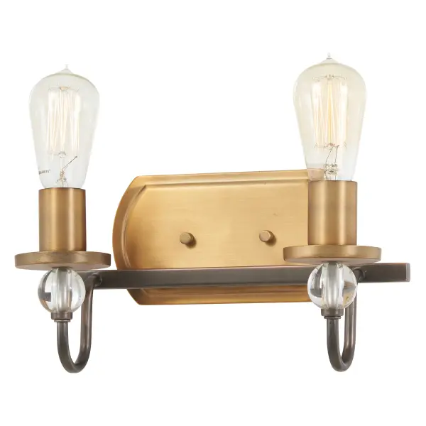 The Safra 2-Light Bath combines Harvard Court Bronze with Natural Brushed Brass accents for sophisticated transitional style. Compact 12-inch width fits smaller vanities while dimmable functionality provides versatile lighting control.