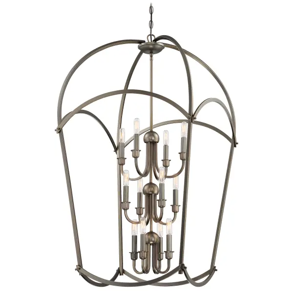 This impressive 12-light chandelier features three gracefully stacked tiers in a rich Harvard Court Bronze finish. Perfect for two-story foyers and dining rooms, it combines traditional candelabra styling with transitional elegance.