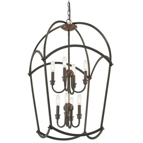 The Jupiter's Canopy pendant combines classic candelabra styling with transitional design, featuring 8 lights in a rich Harvard Court Bronze finish. Its 19.75-inch width makes it versatile for medium-sized spaces.
