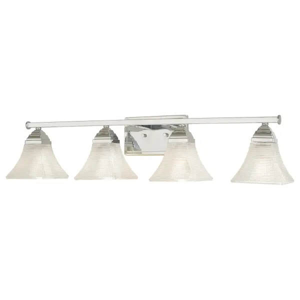 The Conspire 4-Light Bath offers sophisticated transitional styling with a polished chrome finish and clear pattern glass shades. Its 33-inch width provides excellent illumination for medium to large vanities.