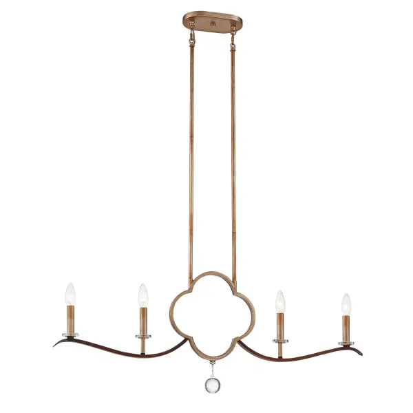 The Ava Libertine brings sophisticated transitional style to kitchen islands and dining spaces. Its pale gold and distressed bronze finish creates visual warmth, while crystal accents add sparkle and refinement.