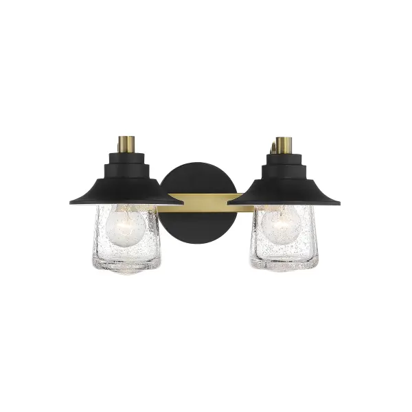 The Westfield Manor 2-Light Bath combines rustic Sand Coal finish with Soft Brass accents and Clear Seedy Glass for authentic farmhouse charm. Perfect for smaller bathrooms seeking character without overwhelming the space.