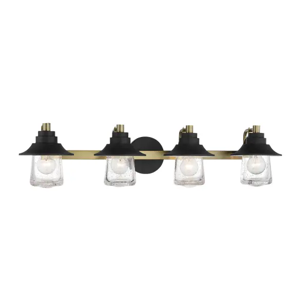 The Westfield Manor 4-Light Bath Vanity combines industrial-inspired Sand Coal finish with Soft Brass accents and Clear Seedy Glass shades. At 33.5 inches wide, it provides excellent illumination for medium to large vanities.
