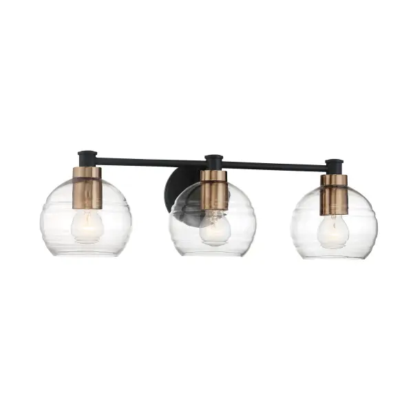 The Keyport 3-Light Bath combines Sand Coal and Natural Brushed Brass finishes with clear banded glass shades for a sophisticated modern aesthetic. Perfect for medium-sized bathrooms seeking contemporary style with industrial accents.
