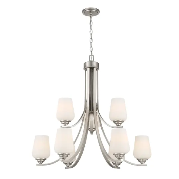 9 Light Chandelier in Brushed Nickel Finish with Etched Opal Glass - alternate view