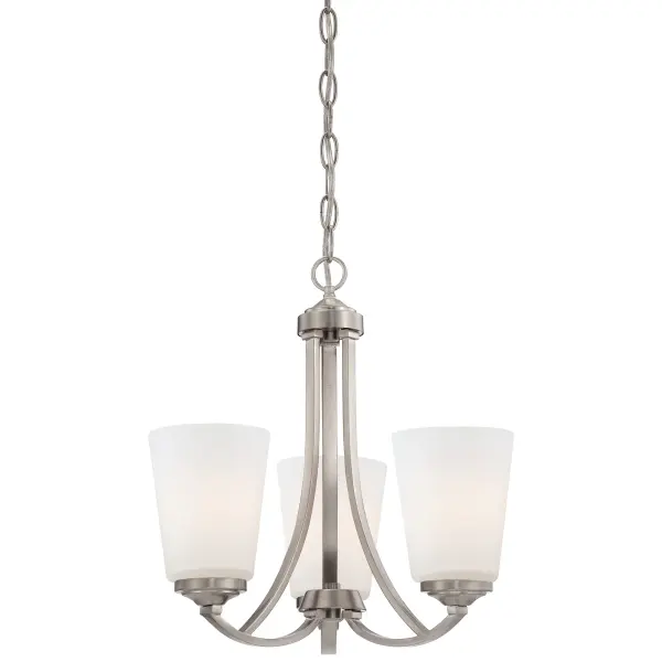 The Overland Park mini chandelier combines brushed nickel finish with etched white glass for a refined, adaptable look. Its compact 16-inch width makes it perfect for smaller spaces while providing ample illumination through three bulbs.