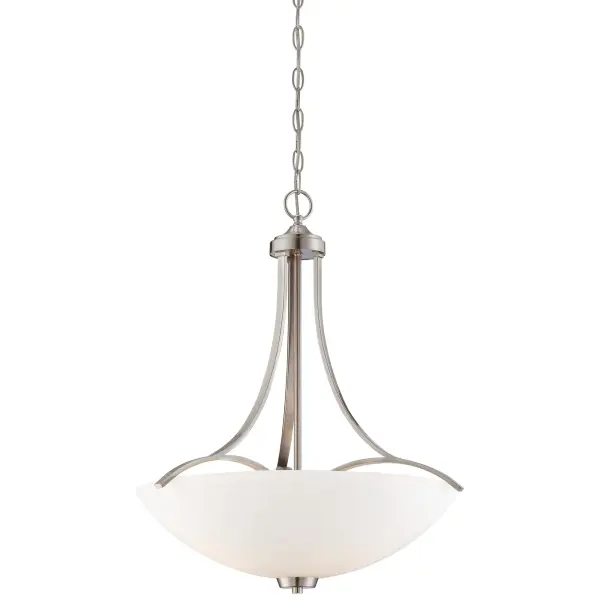 The Overland Park pendant combines brushed nickel finish with etched opal glass for a timeless look that bridges traditional and contemporary styles. Its 21.5-inch width makes it ideal for medium-sized spaces.