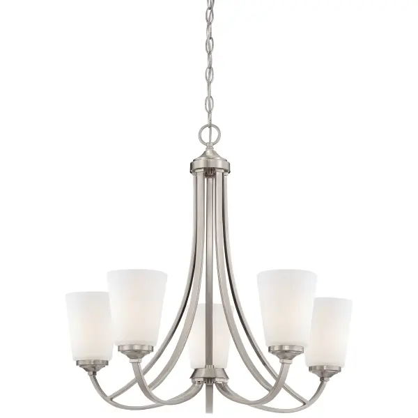 The Overland Park chandelier combines timeless design with modern versatility. Its brushed nickel finish and etched opal glass shades create soft, diffused lighting perfect for dining and living spaces.