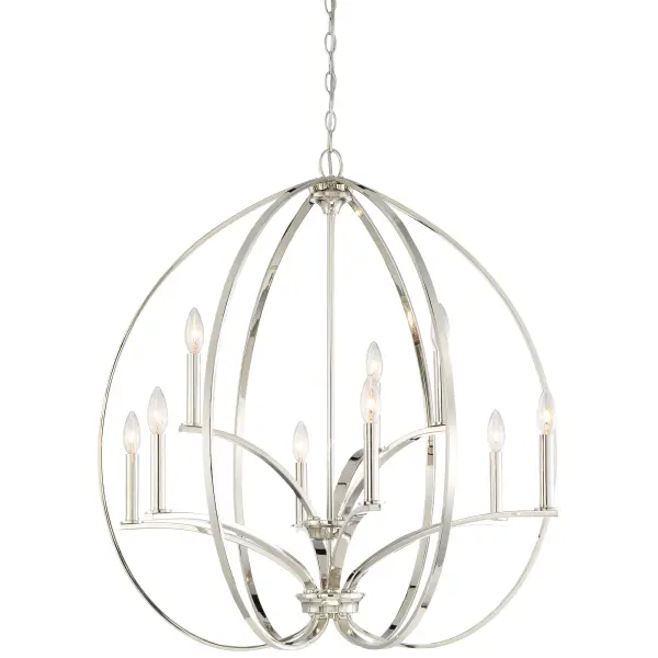 The Tilbury chandelier combines classic candelabra styling with contemporary proportions. Its polished nickel finish and 9-light configuration deliver substantial illumination while maintaining refined elegance for formal dining rooms and grand entryways.