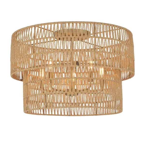 The Bungalow Heaven flush mount combines soft brass metalwork with handcrafted papyrus rope shading for a sophisticated coastal aesthetic. Five lights provide ample illumination while the natural texture adds warmth.