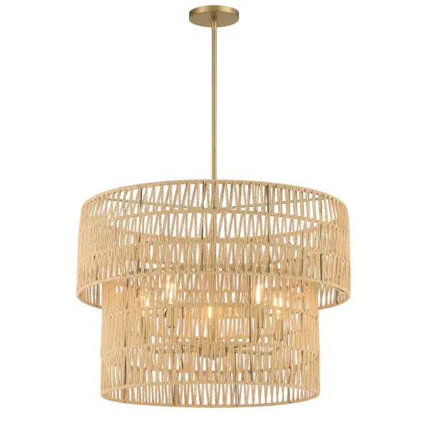 The Bungalow Heaven pendant brings relaxed sophistication with its handwoven papyrus rope shade and soft brass finish. Five candelabra bulbs provide ample illumination while the natural materials create warm, inviting ambiance perfect for casual dining spaces.