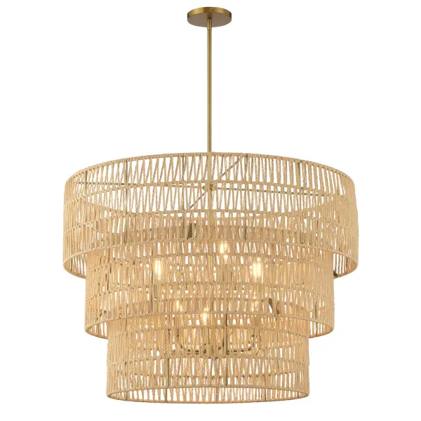 The Bungalow Heaven pendant brings relaxed sophistication with its handwoven papyrus rope shade and soft brass finish. Six candelabra bulbs provide ample illumination while the natural materials create warm, textured ambiance perfect for coastal and organic modern interiors.