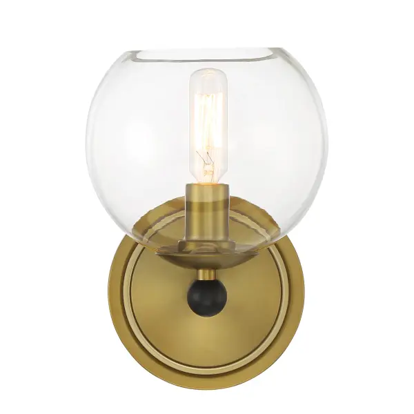 The Kearney Park wall sconce combines coal black steel with soft brass accents and clear glass for a sophisticated modern-industrial aesthetic. Its compact 8.75" height makes it ideal for hallways, bathrooms, and tight spaces. - alternate view