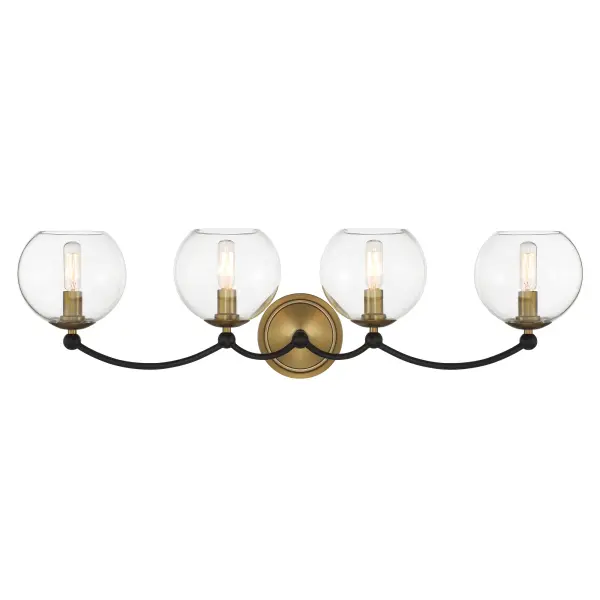 The Kearney Park 4-Light Wall Sconce combines coal black steel with soft brass accents and clear glass shades for a striking modern industrial aesthetic. At 31 inches wide, it's ideal for larger vanities and statement walls.