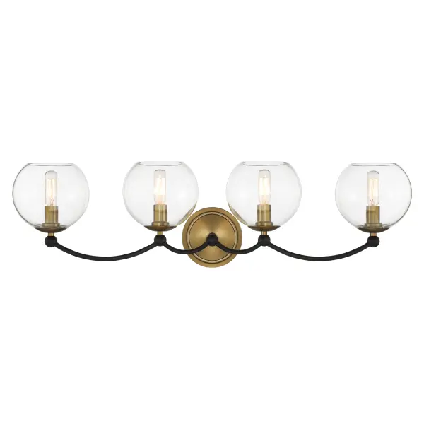 The Kearney Park 4-Light Wall Sconce combines coal black steel with soft brass accents and clear glass shades for a striking modern industrial aesthetic. At 31 inches wide, it's ideal for larger vanities and statement walls. - alternate view